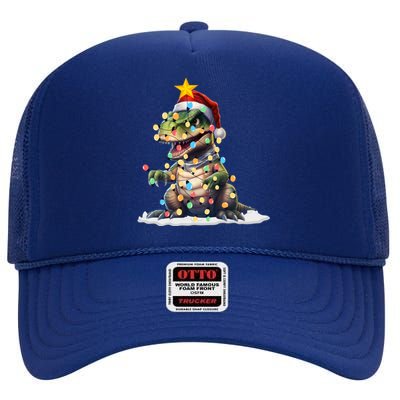 Awesome Dinosaur Christmas Trex Tree Sweater Xmas Lights Gift High Crown Mesh Back Trucker Hat