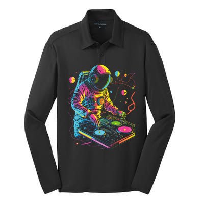 Astronaut Dj Djing In Space Edm Cool Graphic Silk Touch Performance Long Sleeve Polo