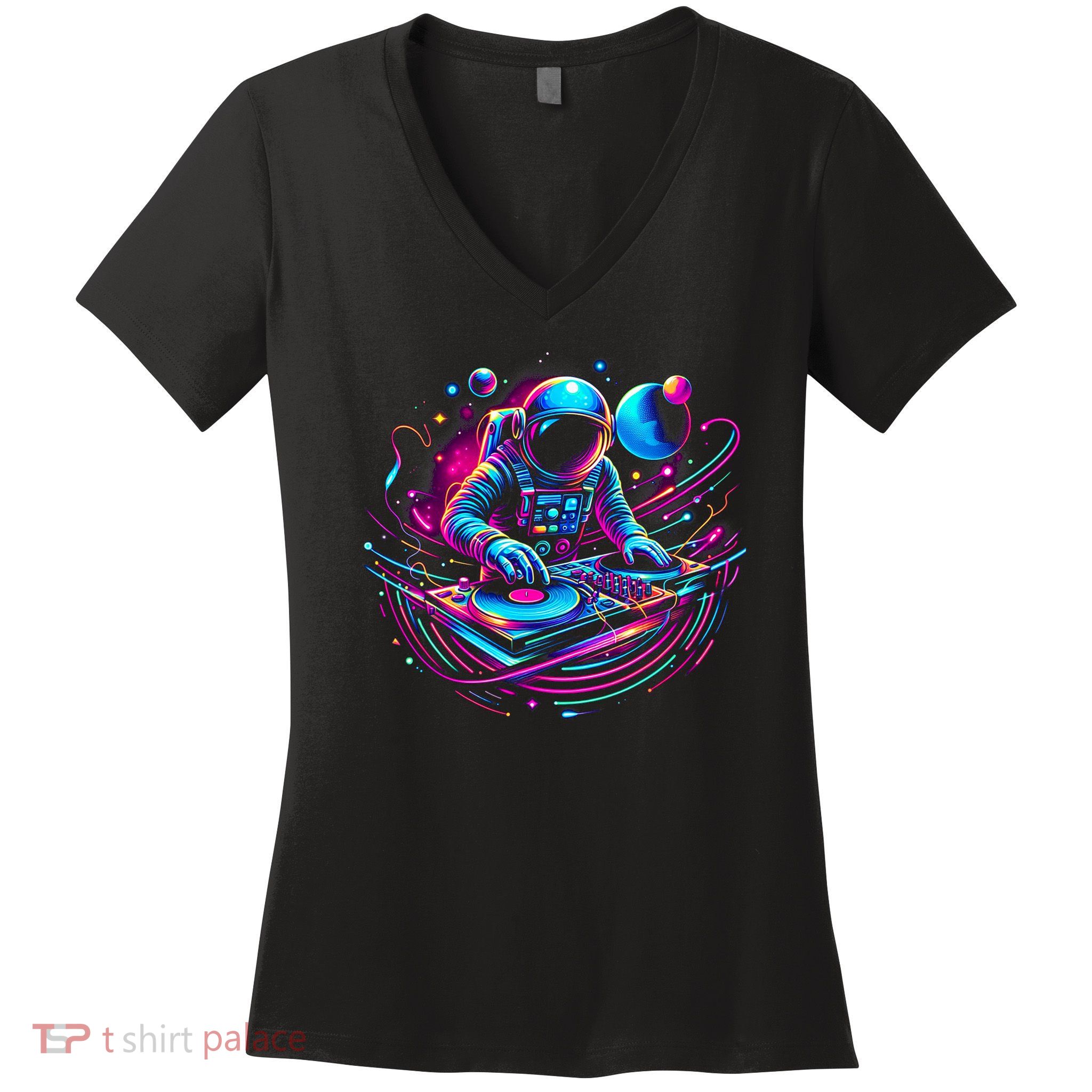 Astronaut Dj, Djing In Space, Music Lover Cool Graphic Women's V-Neck T-Shirt