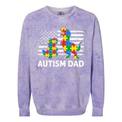 Autism Dad Dinosaur Lovers Usa Flag Rex Autism Awareness Funny Gift Colorblast Crewneck Sweatshirt