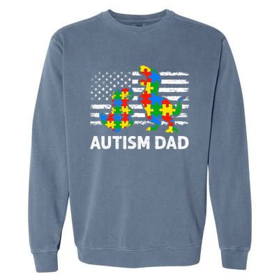 Autism Dad Dinosaur Lovers Usa Flag Rex Autism Awareness Funny Gift Garment-Dyed Sweatshirt