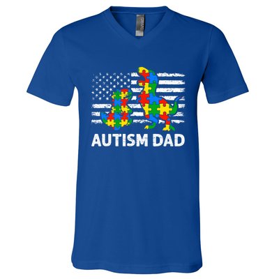 Autism Dad Dinosaur Lovers Usa Flag Rex Autism Awareness Funny Gift V-Neck T-Shirt