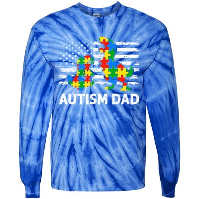 Autism Dad Dinosaur Lovers Usa Flag Rex Autism Awareness Funny Gift Tie-Dye Long Sleeve Shirt