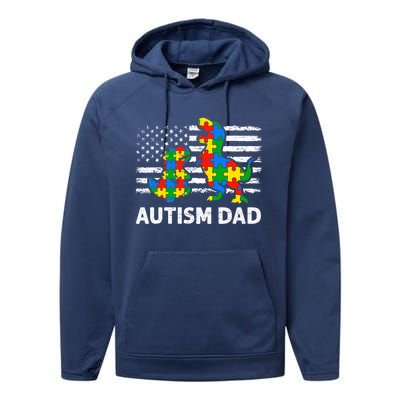 Autism Dad Dinosaur Lovers Usa Flag Rex Autism Awareness Funny Gift Performance Fleece Hoodie