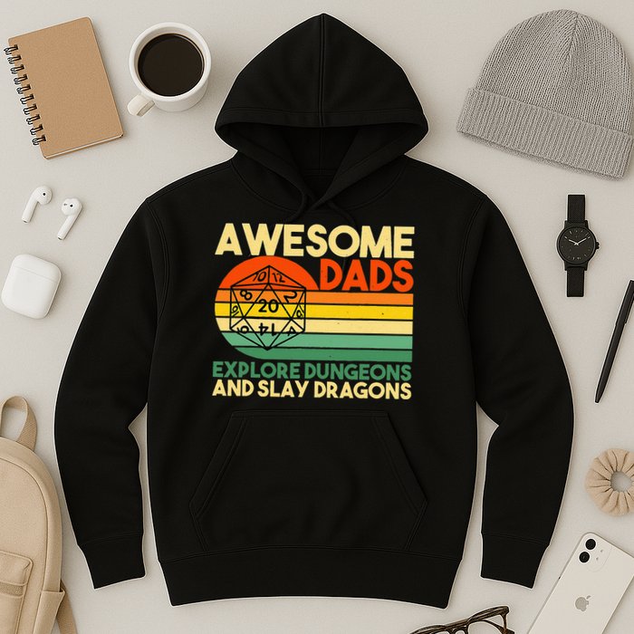 Awesome Dads Explore Dungeons DM RPG Dice Dragon Hoodie