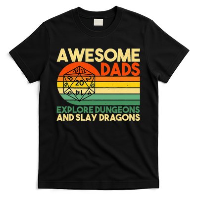 Awesome Dads Explore Dungeons DM RPG Dice Dragon T-Shirt