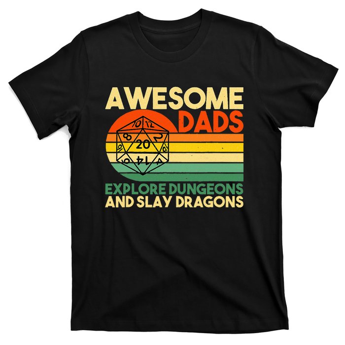 Awesome Dads Explore Dungeons DM RPG Dice Dragon T-Shirt