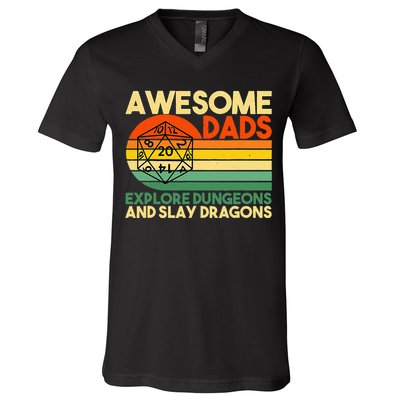 Awesome Dads Explore Dungeons DM RPG Dice Dragon V-Neck T-Shirt