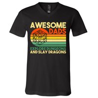 Awesome Dads Explore Dungeons DM RPG Dice Dragon V-Neck T-Shirt