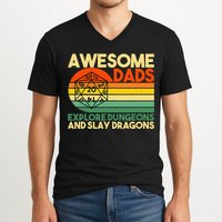 Awesome Dads Explore Dungeons DM RPG Dice Dragon V-Neck T-Shirt