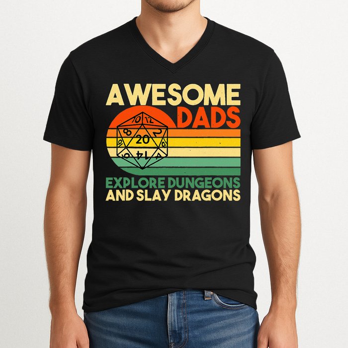 Awesome Dads Explore Dungeons DM RPG Dice Dragon V-Neck T-Shirt