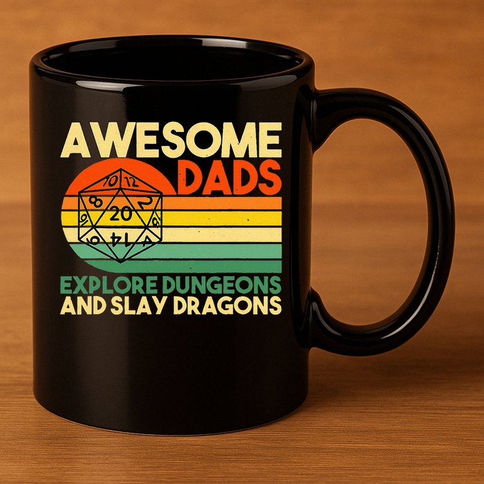 Awesome Dads Explore Dungeons DM RPG Dice Dragon 11oz C Handle Ceramic Mug