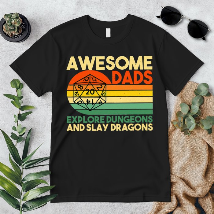 Awesome Dads Explore Dungeons DM RPG Dice Dragon Premium T-Shirt