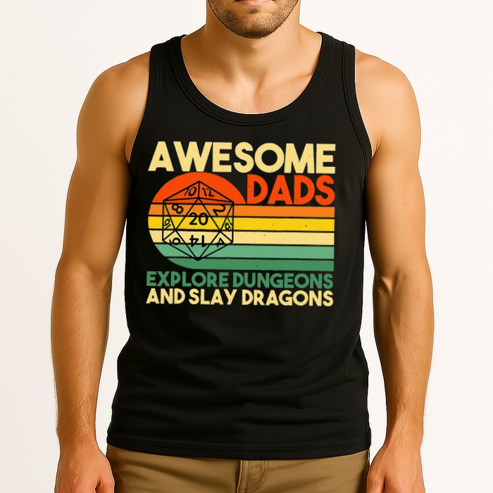 Awesome Dads Explore Dungeons DM RPG Dice Dragon Tank Top