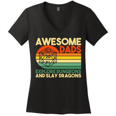 Awesome Dads Explore Dungeons DM RPG Dice Dragon Women's V-Neck T-Shirt