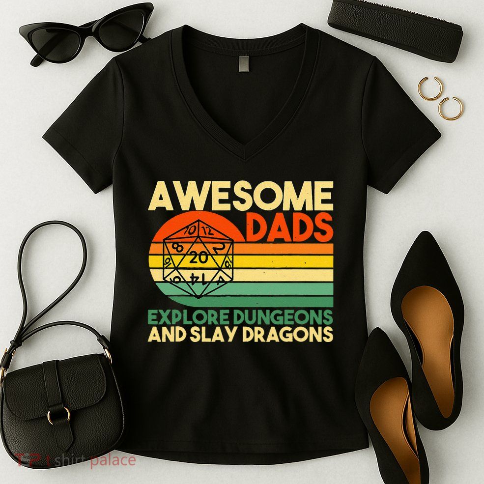 Awesome Dads Explore Dungeons DM RPG Dice Dragon Women's V-Neck T-Shirt