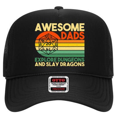 Awesome Dads Explore Dungeons DM RPG Dice Dragon High Crown Mesh Back Trucker Hat