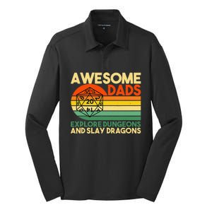 Awesome Dads Explore Dungeons DM RPG Dice Dragon Silk Touch Performance Long Sleeve Polo