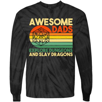 Awesome Dads Explore Dungeons DM RPG Dice Dragon Tie-Dye Long Sleeve Shirt