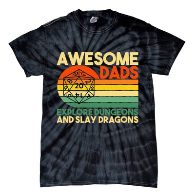 Awesome Dads Explore Dungeons DM RPG Dice Dragon Tie-Dye T-Shirt