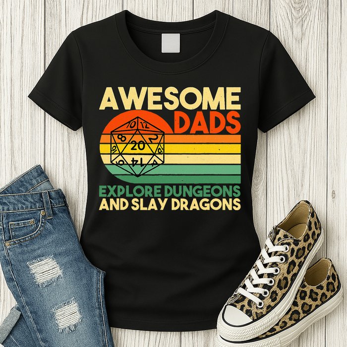 Awesome Dads Explore Dungeons DM RPG Dice Dragon Womens T-Shirt
