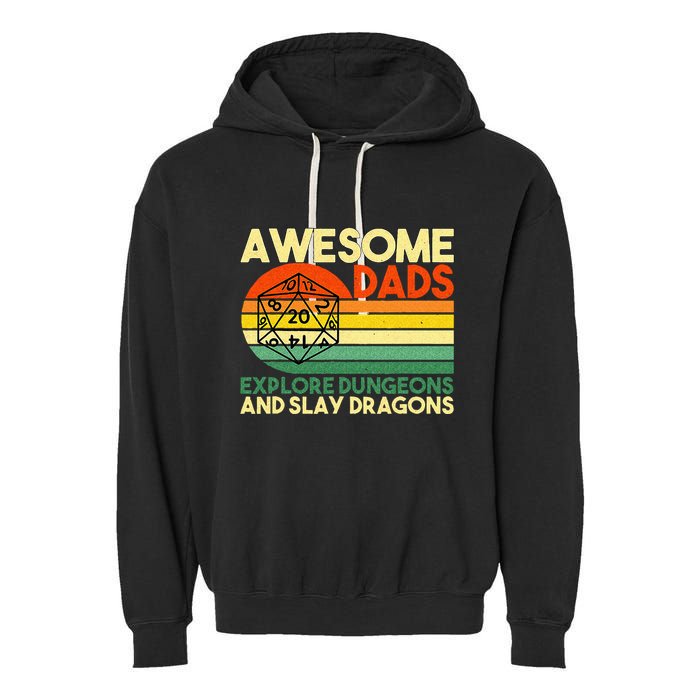 Awesome Dads Explore Dungeons DM RPG Dice Dragon Garment-Dyed Fleece Hoodie
