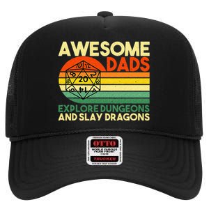 Awesome Dads Explore Dungeons DM RPG Dice Dragon High Crown Mesh Back Trucker Hat