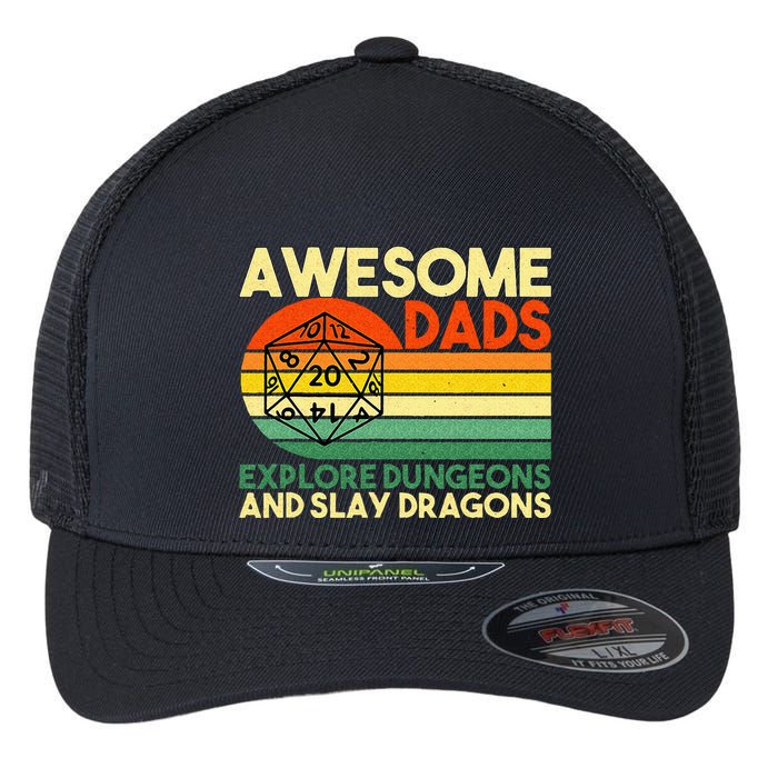 Awesome Dads Explore Dungeons DM RPG Dice Dragon Flexfit Unipanel Trucker Cap
