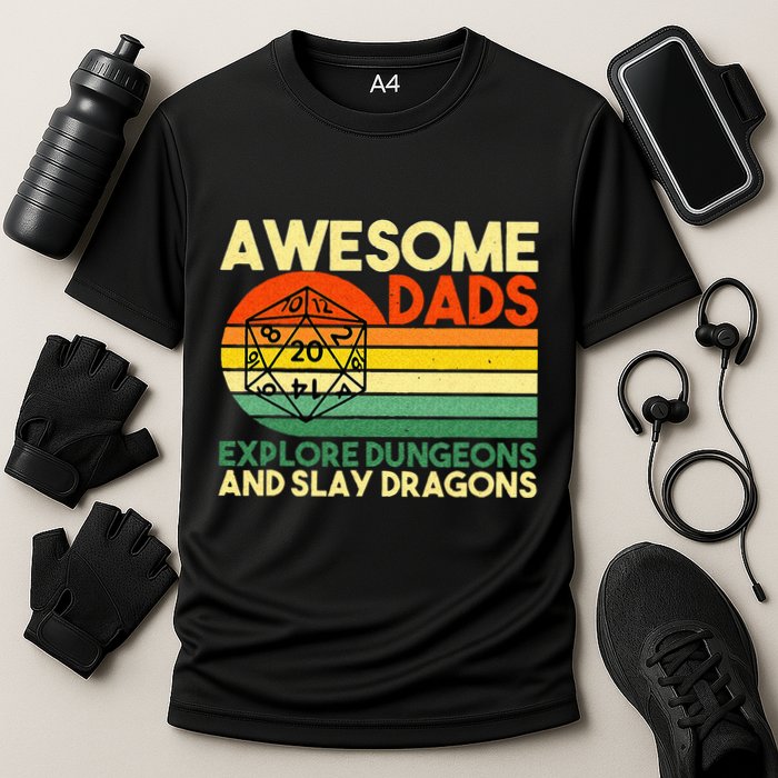 Awesome Dads Explore Dungeons DM RPG Dice Dragon Performance Shirt