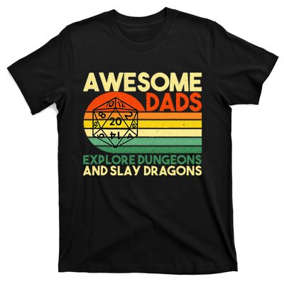 Awesome Dads Explore Dungeons DM RPG Dice Dragon T-Shirt