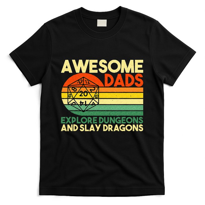 Awesome Dads Explore Dungeons DM RPG Dice Dragon T-Shirt