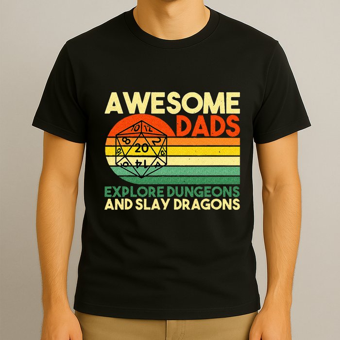 Awesome Dads Explore Dungeons DM RPG Dice Dragon T-Shirt