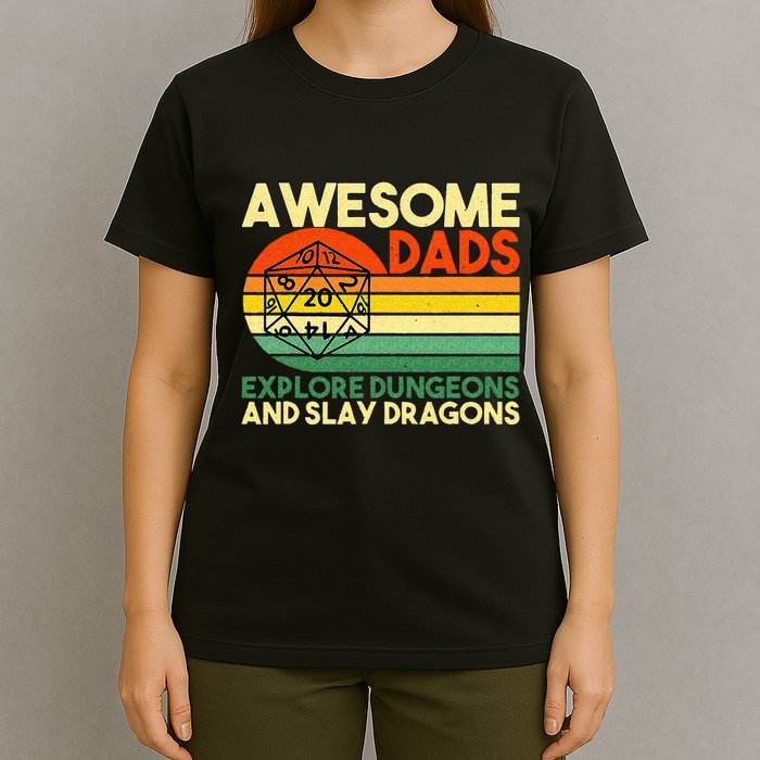 Awesome Dads Explore Dungeons DM RPG Dice Dragon T-Shirt