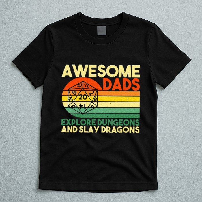 Awesome Dads Explore Dungeons DM RPG Dice Dragon T-Shirt