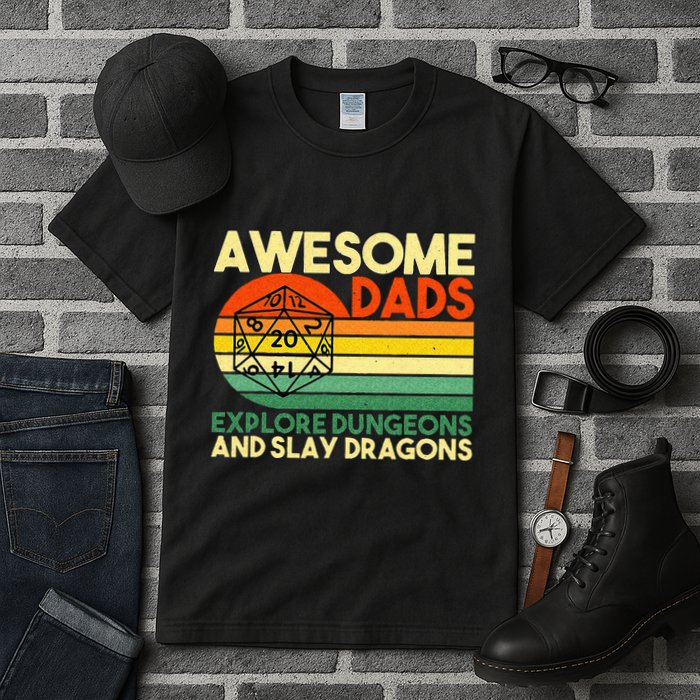 Awesome Dads Explore Dungeons DM RPG Dice Dragon Tall T-Shirt