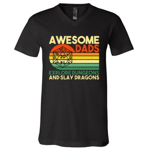 Awesome Dads Explore Dungeons DM RPG Dice Dragon V-Neck T-Shirt