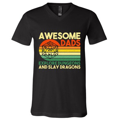 Awesome Dads Explore Dungeons DM RPG Dice Dragon V-Neck T-Shirt