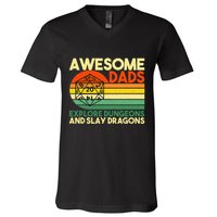 Awesome Dads Explore Dungeons DM RPG Dice Dragon V-Neck T-Shirt