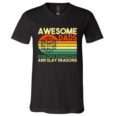 Awesome Dads Explore Dungeons DM RPG Dice Dragon V-Neck T-Shirt