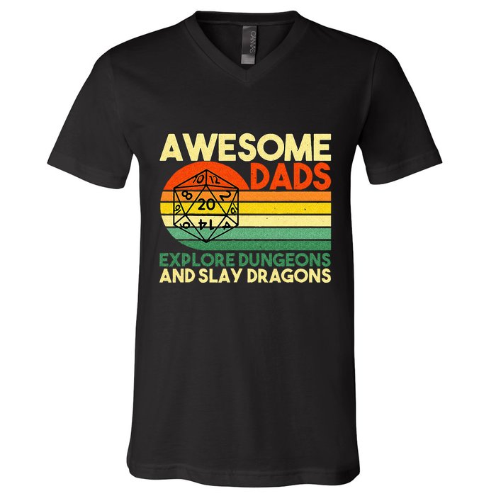 Awesome Dads Explore Dungeons DM RPG Dice Dragon V-Neck T-Shirt