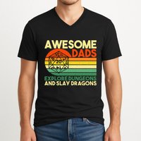 Awesome Dads Explore Dungeons DM RPG Dice Dragon V-Neck T-Shirt
