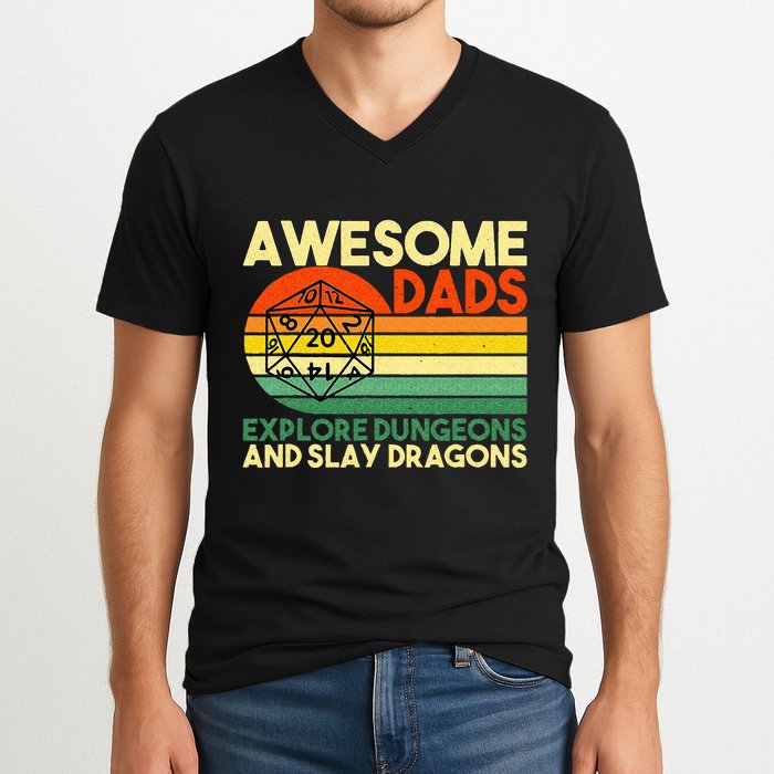 Awesome Dads Explore Dungeons DM RPG Dice Dragon V-Neck T-Shirt