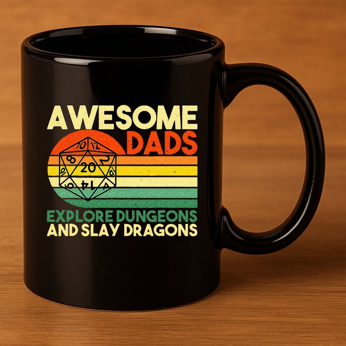 Awesome Dads Explore Dungeons DM RPG Dice Dragon 11oz C Handle Ceramic Mug
