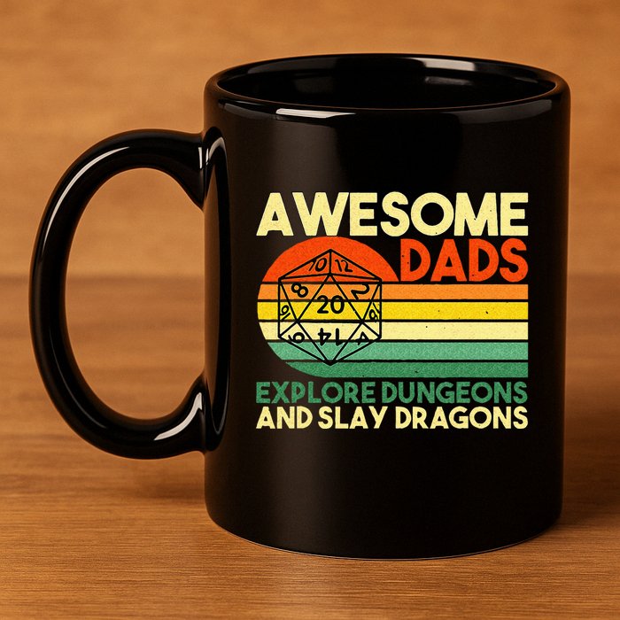 Awesome Dads Explore Dungeons DM RPG Dice Dragon 11oz C Handle Ceramic Mug