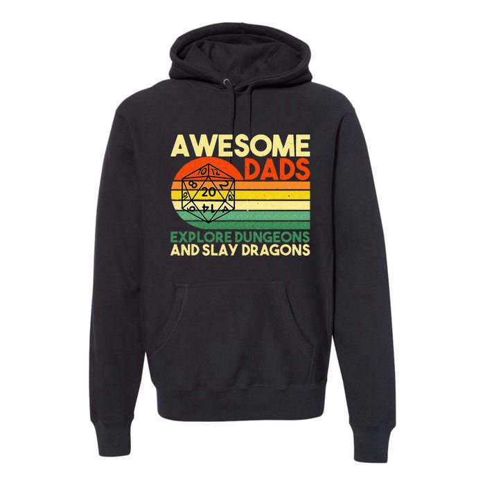 Awesome Dads Explore Dungeons DM RPG Dice Dragon Premium Hoodie