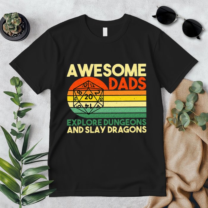 Awesome Dads Explore Dungeons DM RPG Dice Dragon Premium T-Shirt