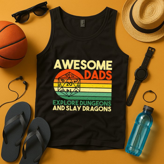 Awesome Dads Explore Dungeons DM RPG Dice Dragon Tank Top
