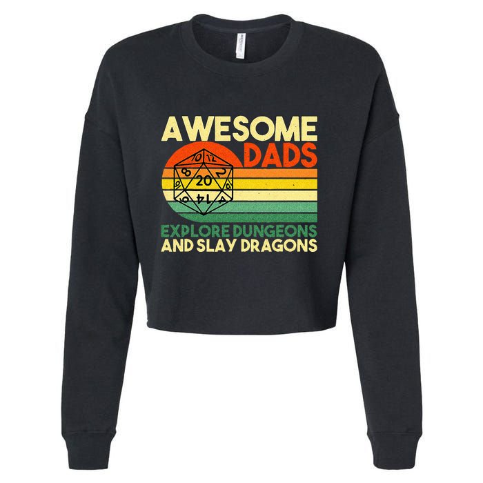 Awesome Dads Explore Dungeons DM RPG Dice Dragon Cropped Pullover Crew