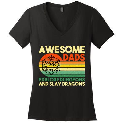 Awesome Dads Explore Dungeons DM RPG Dice Dragon Women's V-Neck T-Shirt