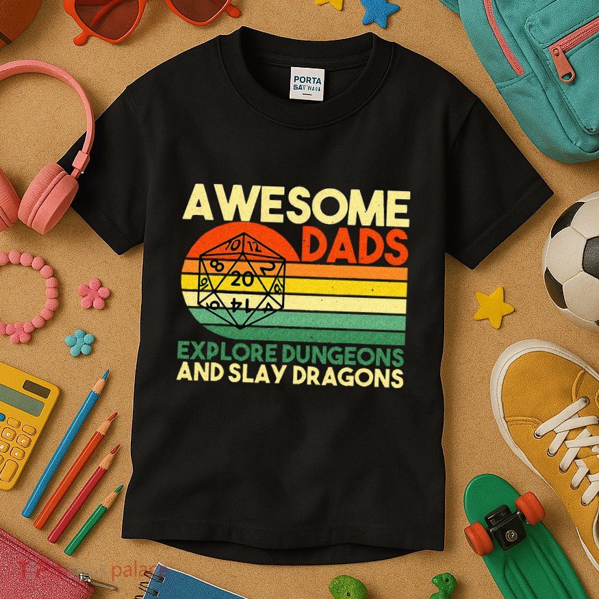 Awesome Dads Explore Dungeons DM RPG Dice Dragon Kids T-Shirt